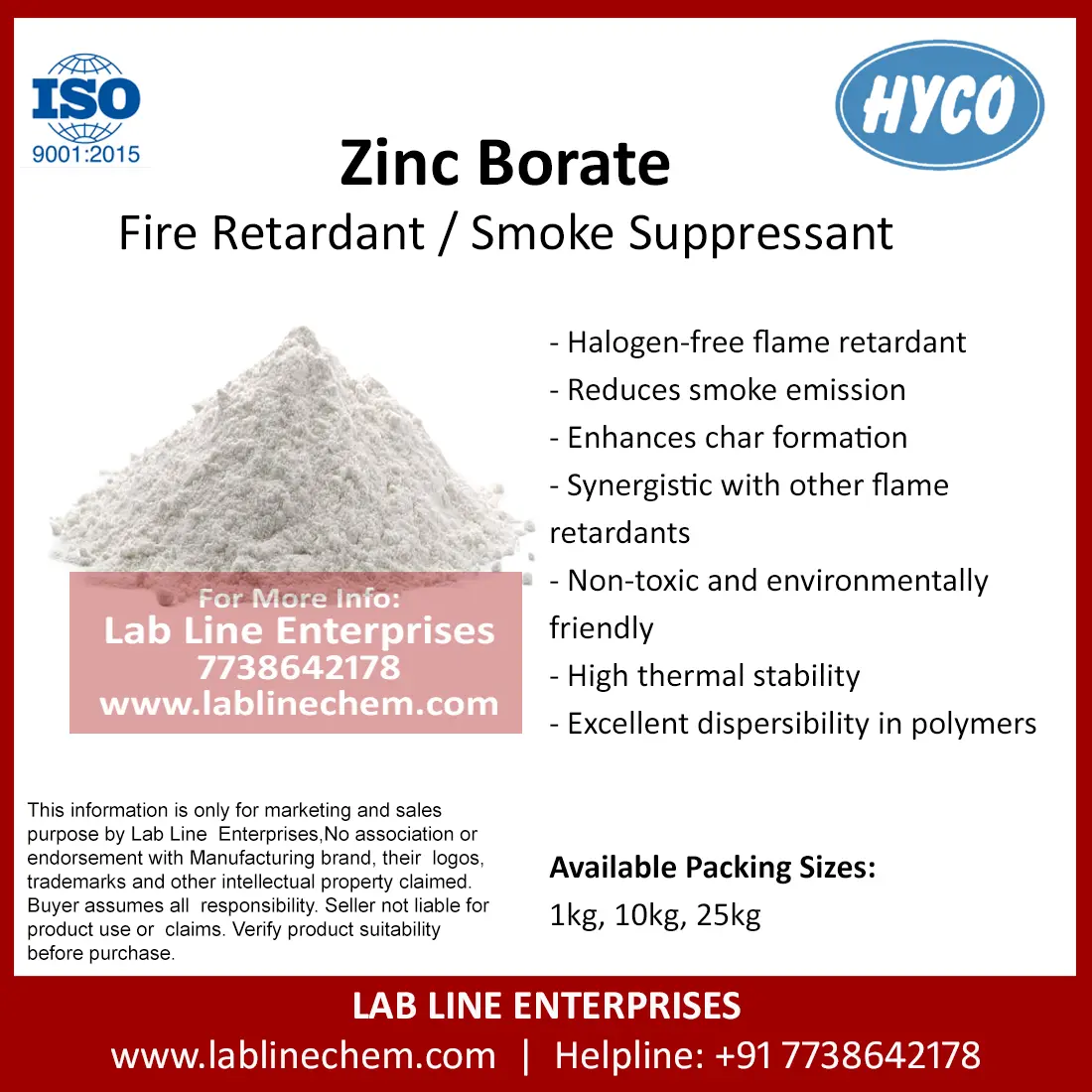 Zinc Borate powder for flame retardant use in rubber, PVC, and polymer applications