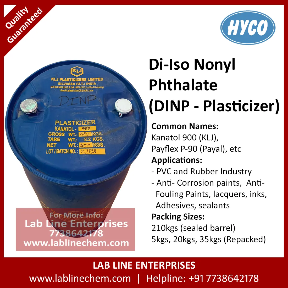 Kanatol 900 DINP plasticizer industrial packaging supplied by Lab Line Enterprises