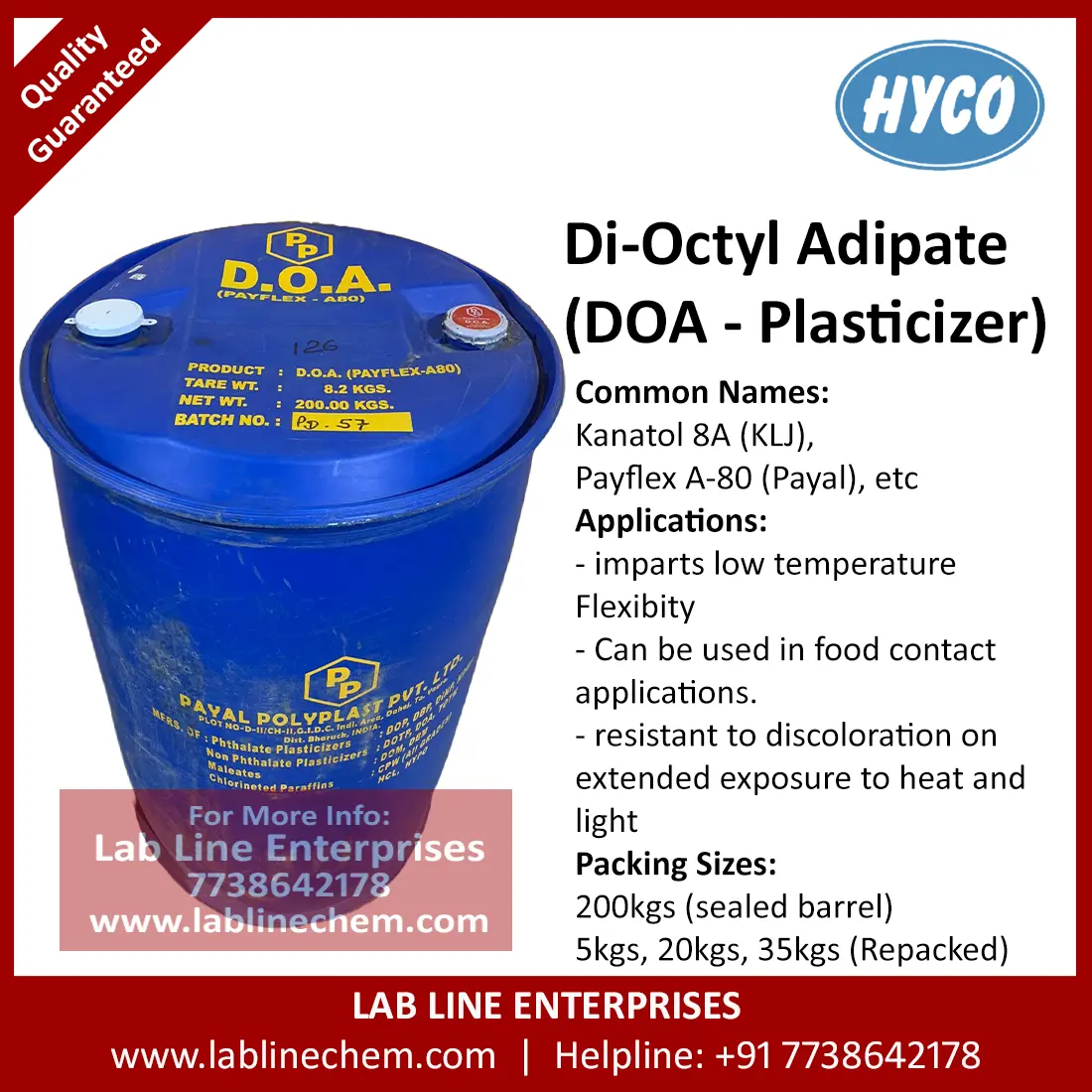 Di Octyl Adipate DOA plasticizer Kanatol 8A Payflex A-80 chemical for PVC and polymer applications