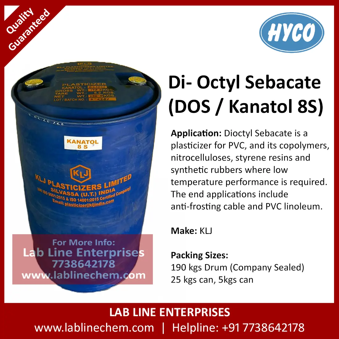 Kanatol 8S Di Octyl Sebacate DOS plasticizer CAS 122-62-3 by KLJ