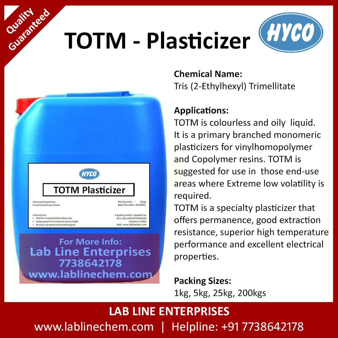 TOTM plasticizer Tri Octyl Trimellitate CAS 3319-31-1 supplied by Lab Line Enterprises