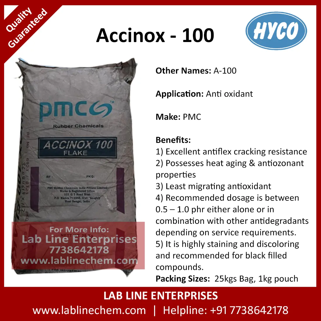 Accinox 100 A-100 Rubber Antioxidant Dark Grey Flakes PMC