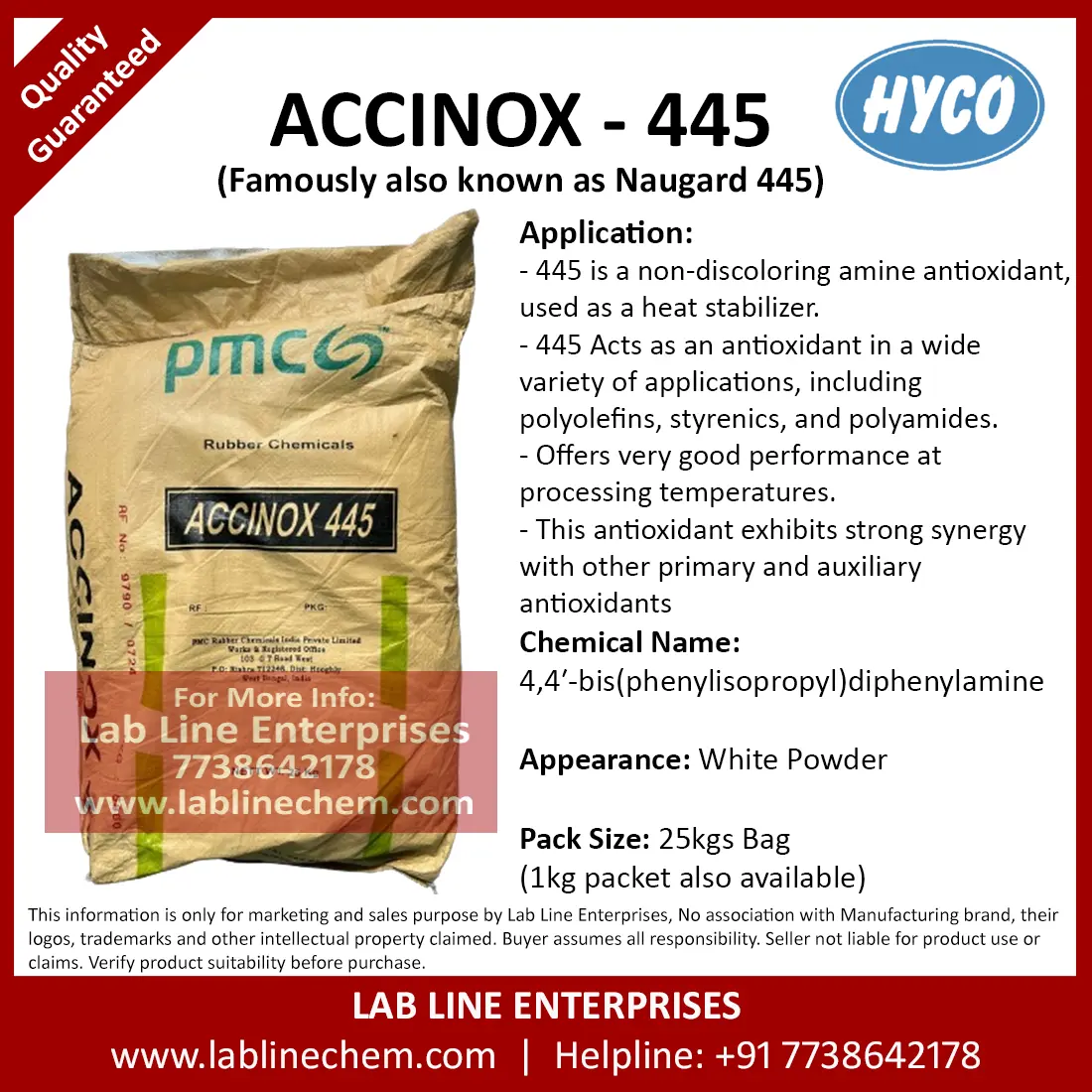 Accinox 445 substituted diphenylamine antioxidant white powder for rubber compounds