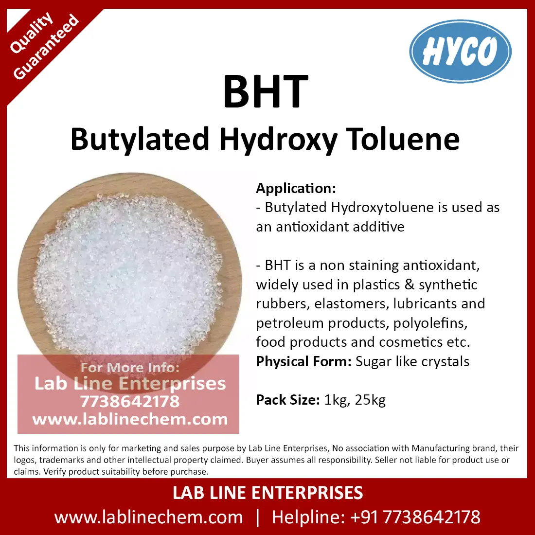 BHT Antioxidant HYCO white crystalline powder CAS 128-37-0
