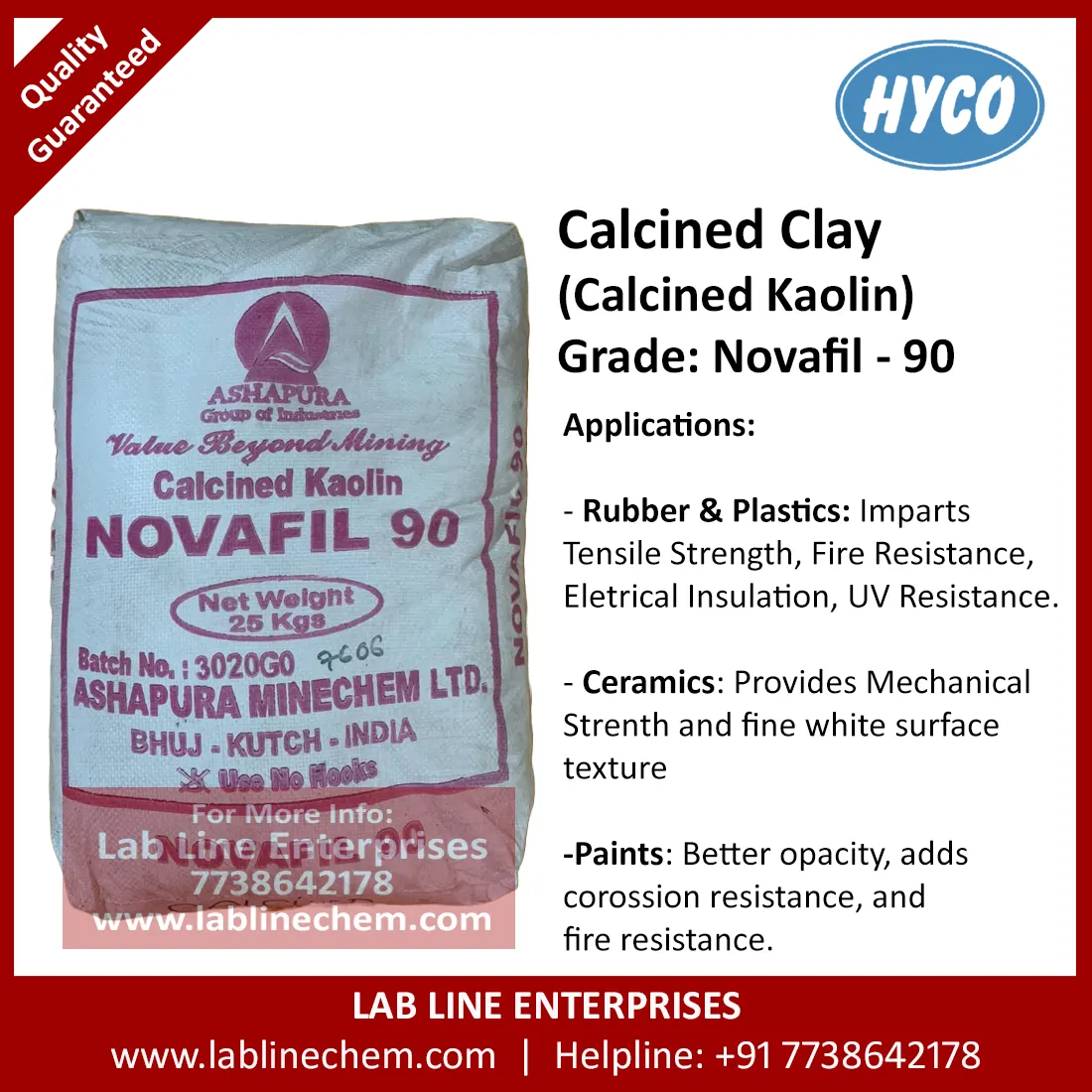 Novafil 90 calcined kaolin clay powder from Ashapura Minechem in 25 kg bag
