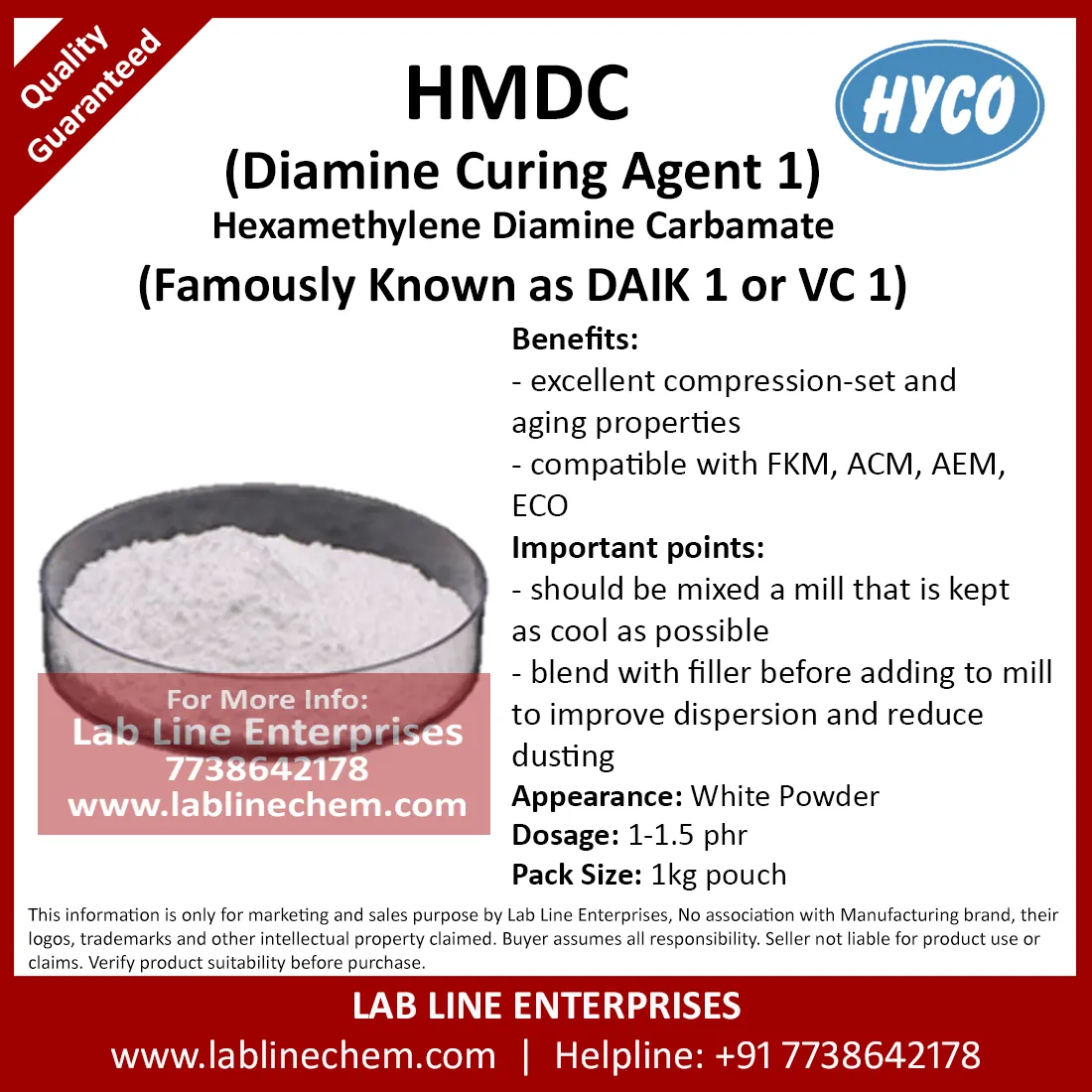 HMDC Hexamethylene diamine carbamate powder in a 1 kg sample pack for FKM rubber curing