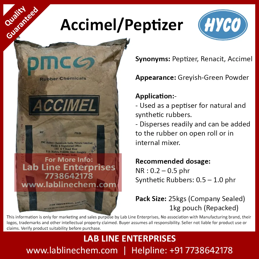 Accimel rubber peptizer powder by PMC for natural and synthetic rubber processing