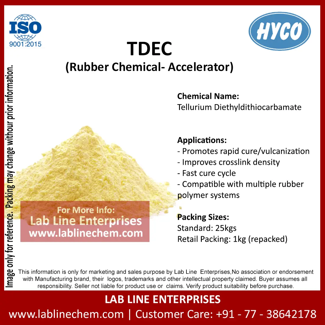 TDEC rubber accelerator yellow powder in industrial packaging